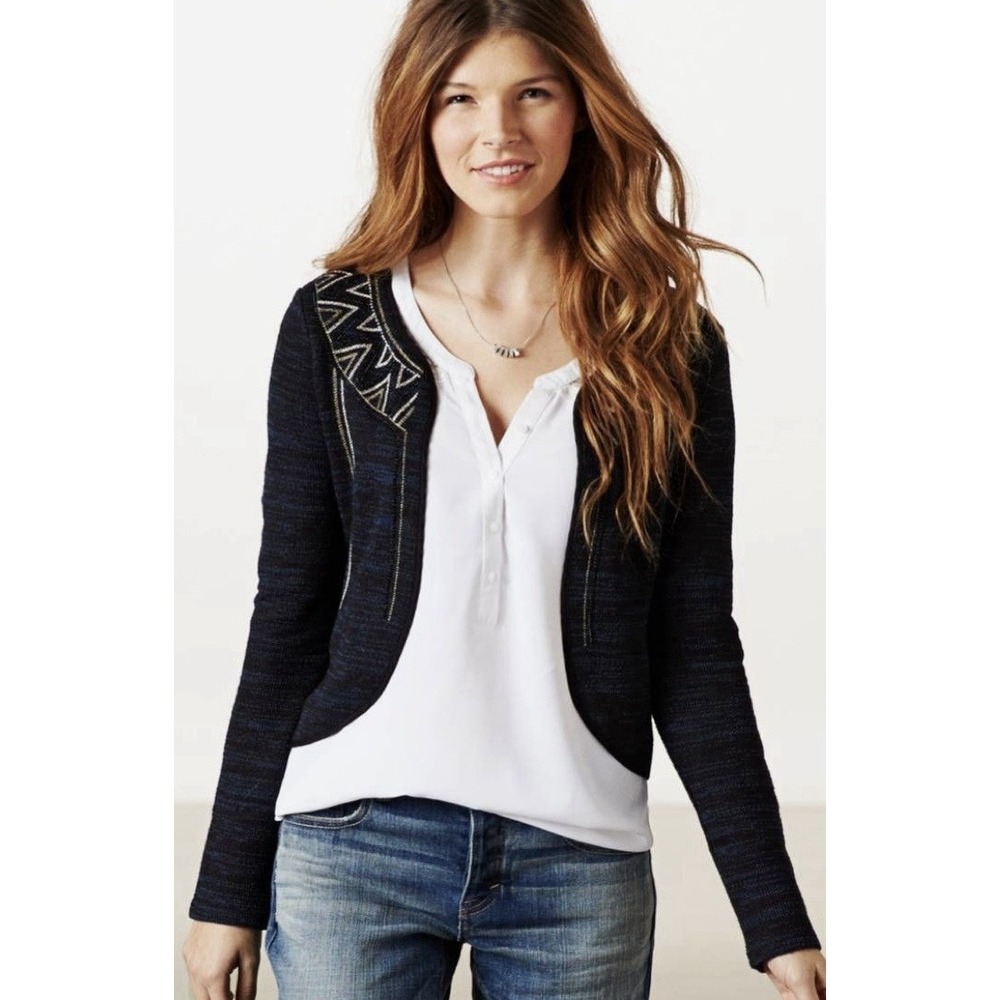 American Eagle Cardigan‎ Women's Medium Open Front Beaded Blue Black Aztec Boho